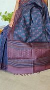 Navy Blue and Mauve Block Printed Noel Tussar Silk Saree - TQN2