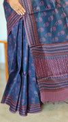 Navy Blue and Mauve Block Printed Noel Tussar Silk Saree - TQN2