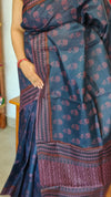 Navy Blue and Mauve Block Printed Noel Tussar Silk Saree - TQN2
