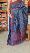 Navy Blue and Mauve Block Printed Noel Tussar Silk Saree - TQN2