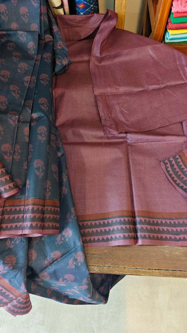 Navy Blue and Mauve Block Printed Noel Tussar Silk Saree - TQN2