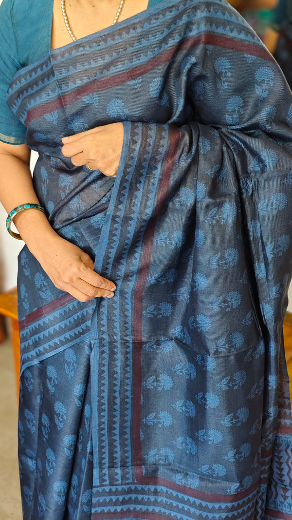 Classic Blue Block Printed Noel Tussar Silk Saree - TQN2