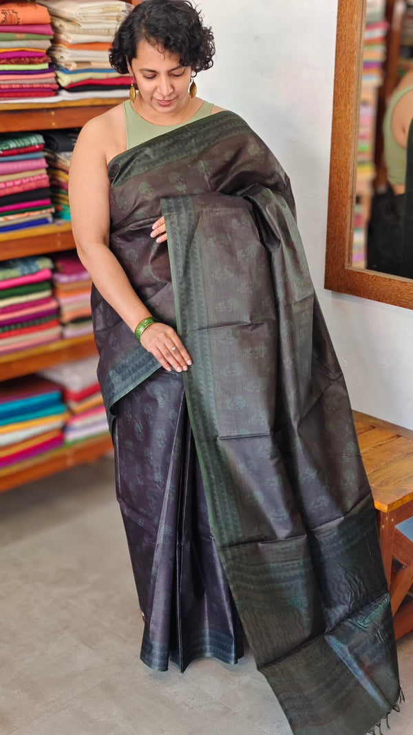 Dark Coffee Brown Block Printed Noel Tussar Silk Saree - TQN2