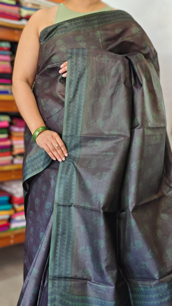 Dark Coffee Brown Block Printed Noel Tussar Silk Saree - TQN2