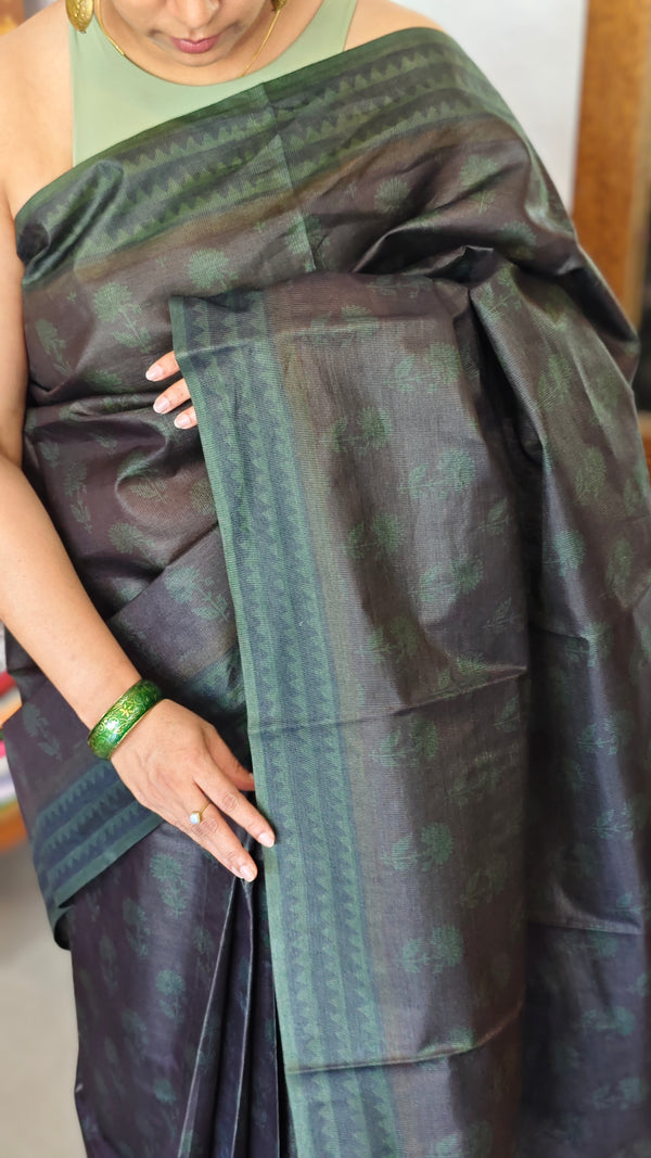 Dark Coffee Brown Block Printed Noel Tussar Silk Saree - TQN2