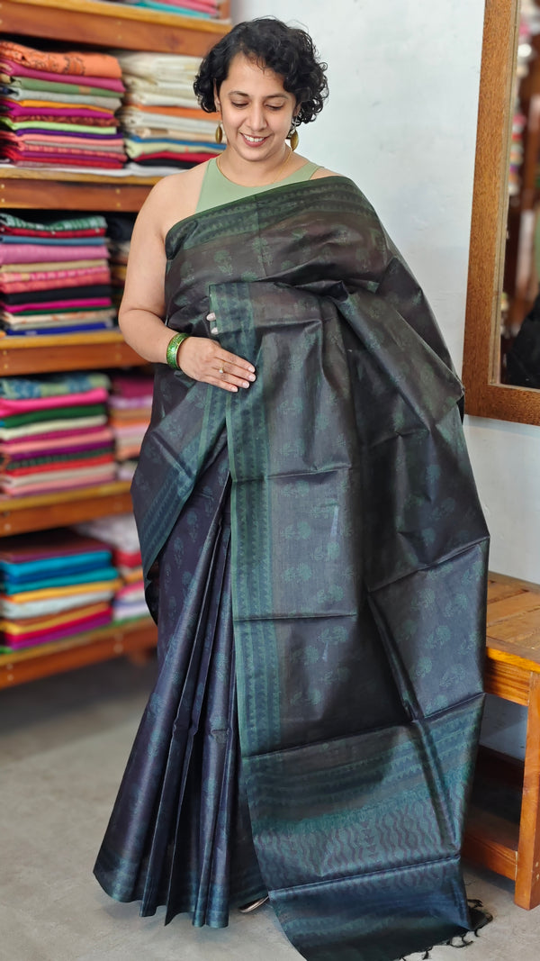 Dark Coffee Brown Block Printed Noel Tussar Silk Saree - TQN2