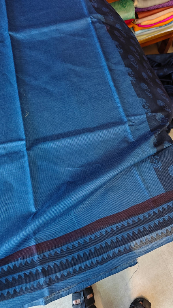 Classic Blue Block Printed Noel Tussar Silk Saree - TQN2
