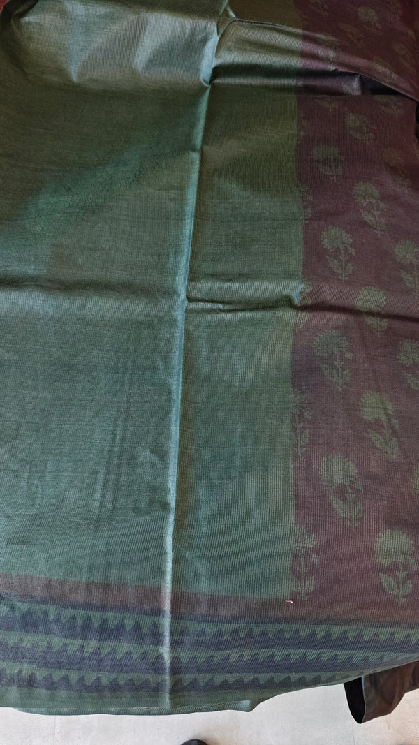Dark Coffee Brown Block Printed Noel Tussar Silk Saree - TQN2