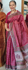 Dark Pink Block Printed Noel Tussar Silk Saree - TQN2