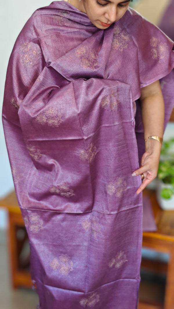Dark Lavender Semi Tussar Suit with Copper Thread Embroidery - TTV4