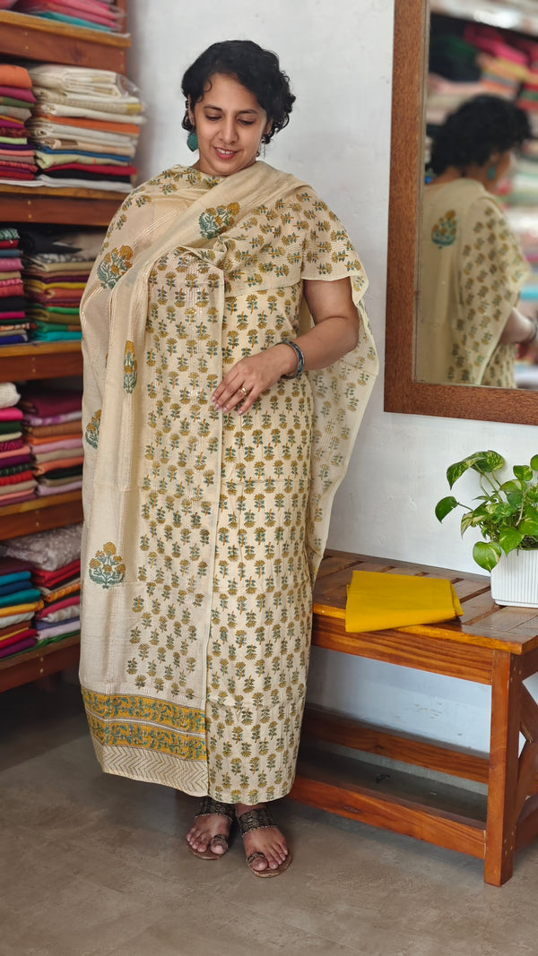 Light Beige Block Printed Semi Chanderi Suit
