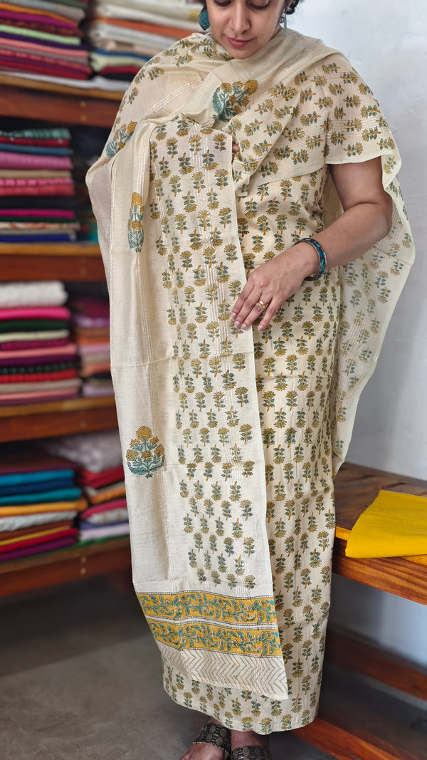 Light Beige Block Printed Semi Chanderi Suit