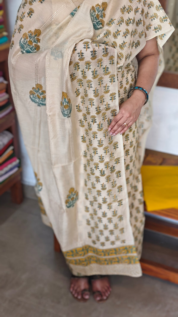 Light Beige Block Printed Semi Chanderi Suit