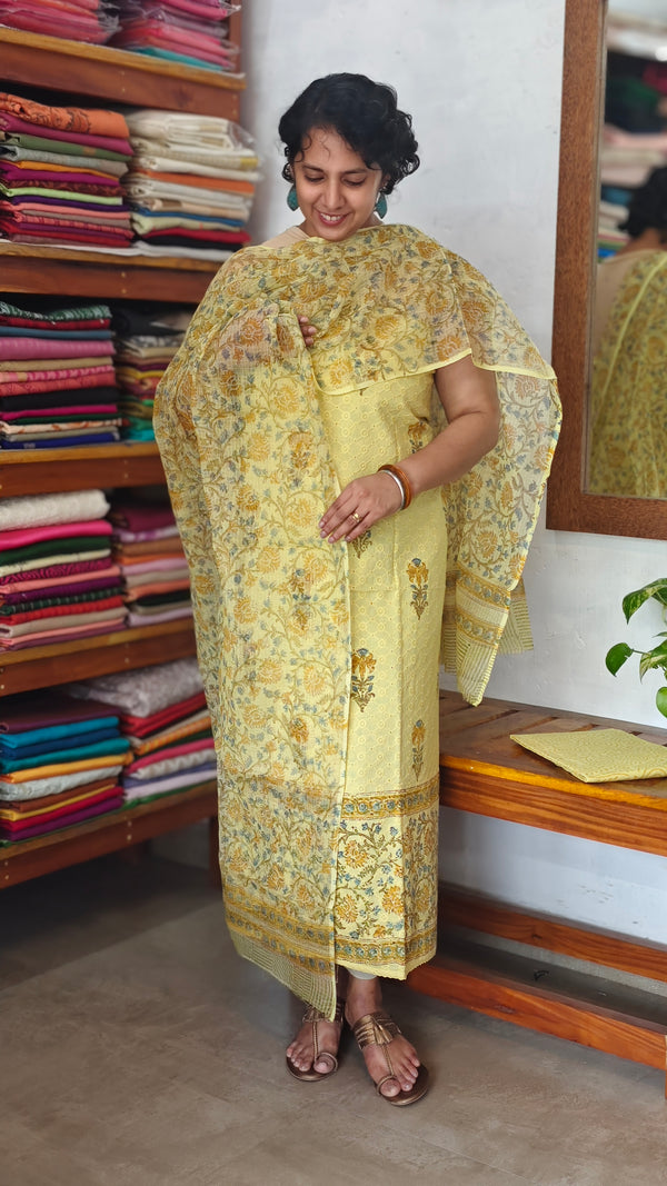 Pale Mustard Cotton Hakoba Block Printed Suit