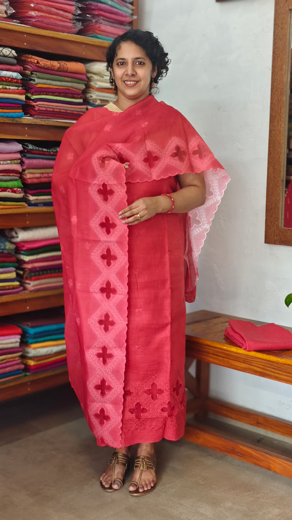 Burnt Peach Cotton Linen Applique Suit - RXC3
