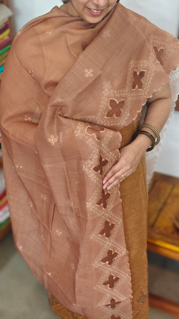 Brown Cotton Linen Suit with Applique Work - RXC3