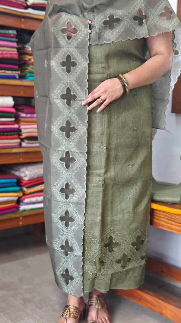 Fern Green Cotton Linen Suit with Applique Work - RXC3