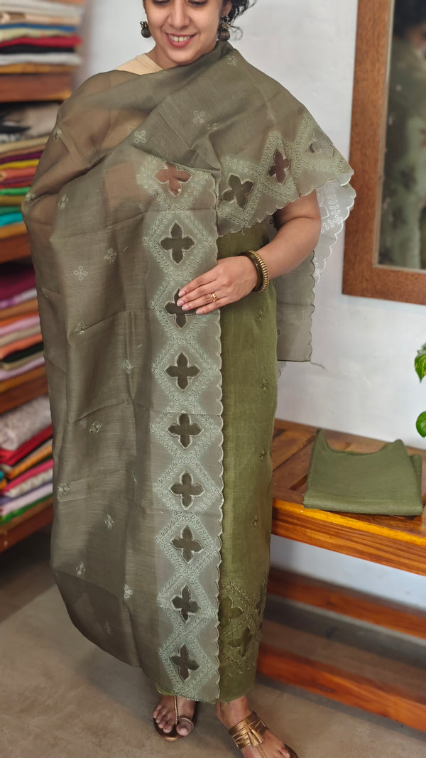Fern Green Cotton Linen Suit with Applique Work - RXC3