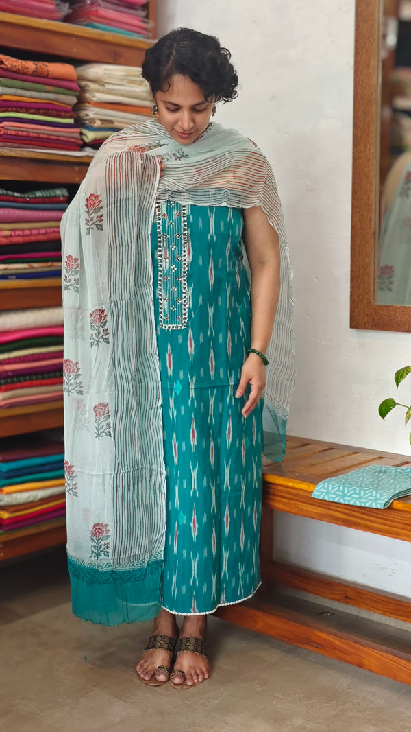Teal Blue Cotton Ikat Suit