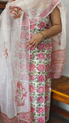 Off white and Pink block printed cotton suit with Kota Doria Dupatta