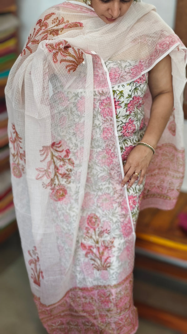 Off white and Pink block printed cotton suit with Kota Doria Dupatta