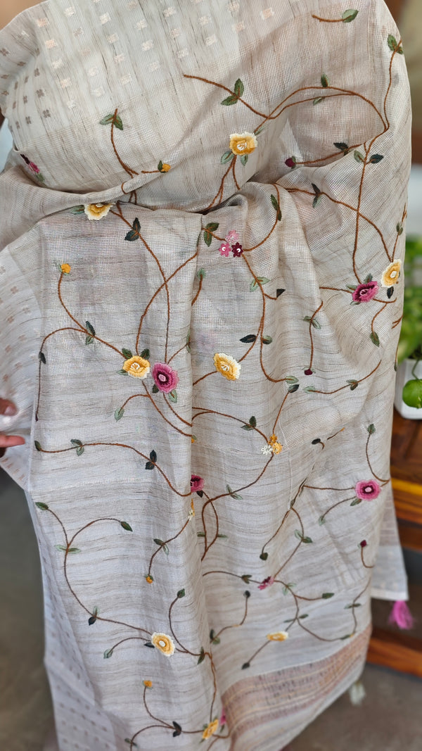Light Beige Tissue Linen Saree with Hand Embroidery