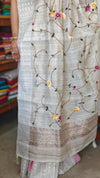 Light Beige Tissue Linen Saree with Hand Embroidery