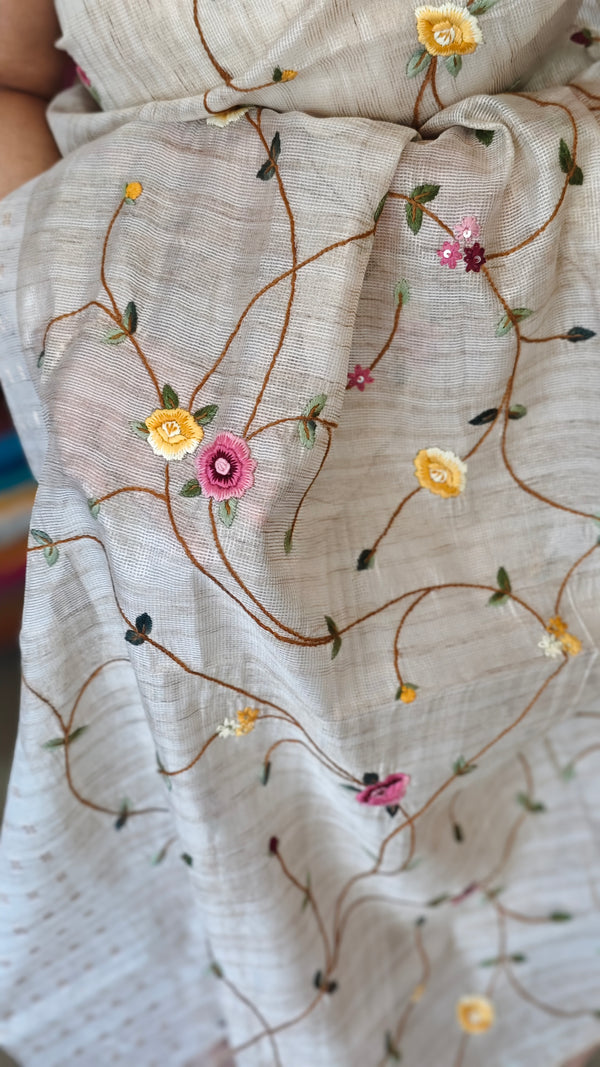 Light Beige Tissue Linen Saree with Hand Embroidery
