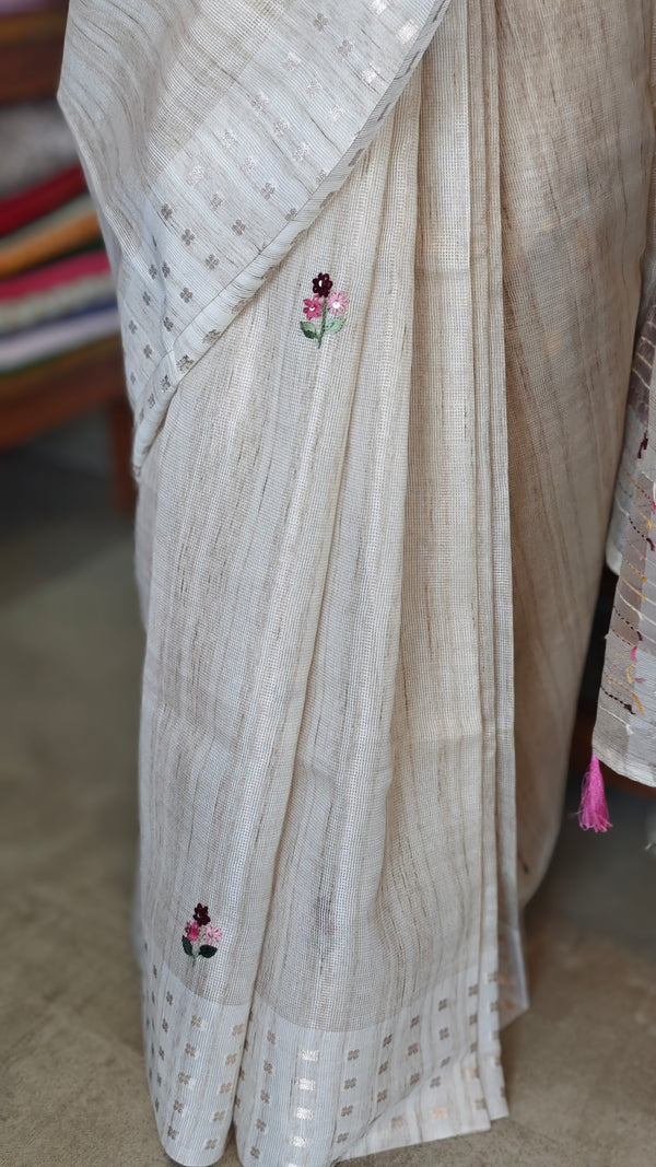 Light Beige Tissue Linen Saree with Hand Embroidery