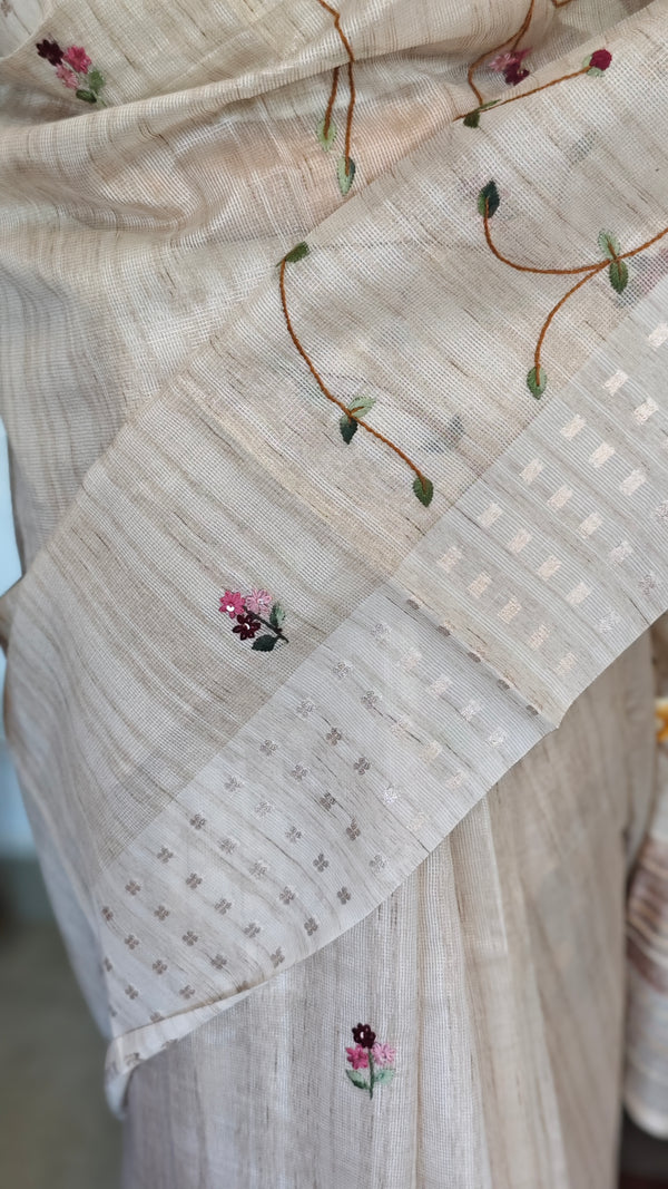 Light Beige Tissue Linen Saree with Hand Embroidery