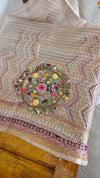 Light Beige Tissue Linen Saree with Hand Embroidery