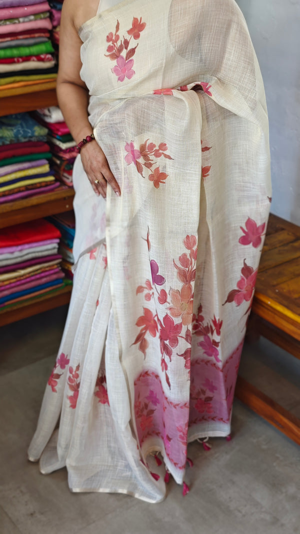 Cream Blended Linen Saree