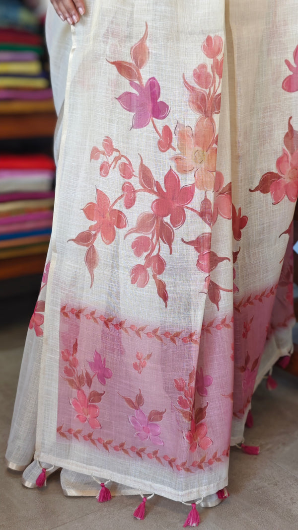 Cream Blended Linen Saree