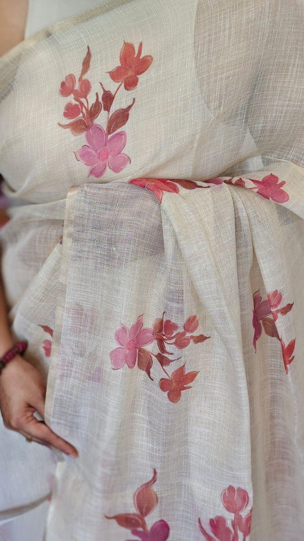 Cream Blended Linen Saree