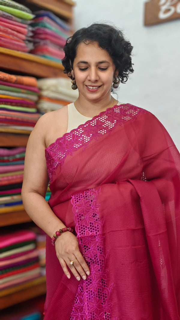 Maroon Kota Saree with Dark Pink Cutwork borders - 409M