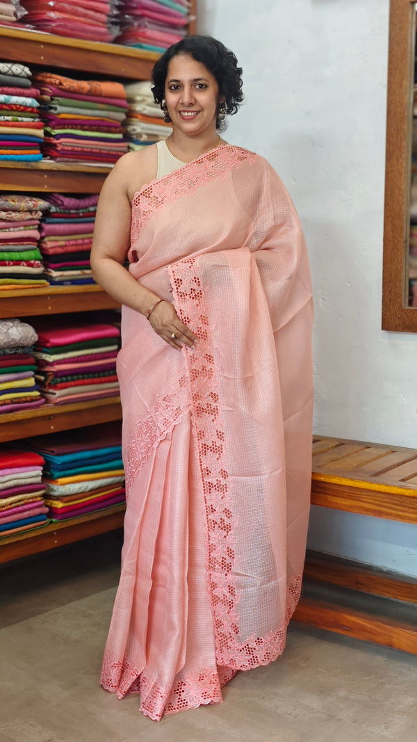 Pastel Peach Kota Saree with Cutwork Borders - 409M