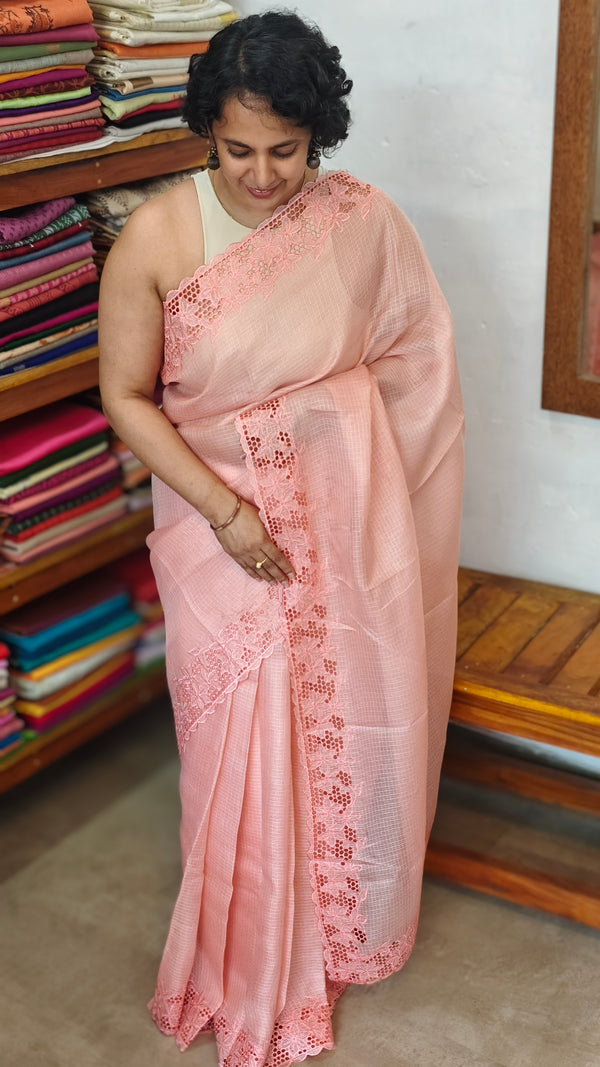 Pastel Peach Kota Saree with Cutwork Borders - 409M