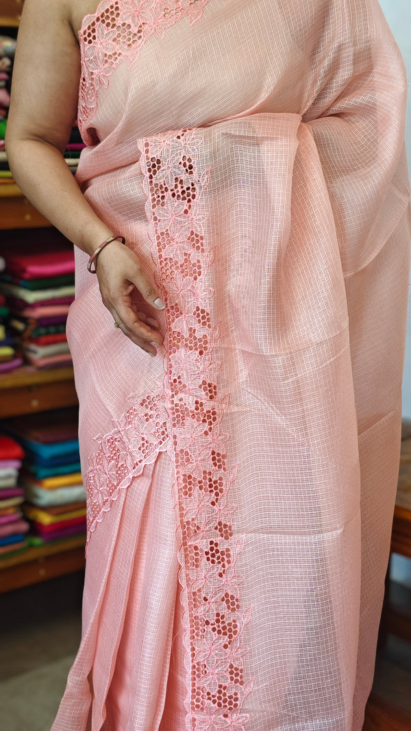 Pastel Peach Kota Saree with Cutwork Borders - 409M