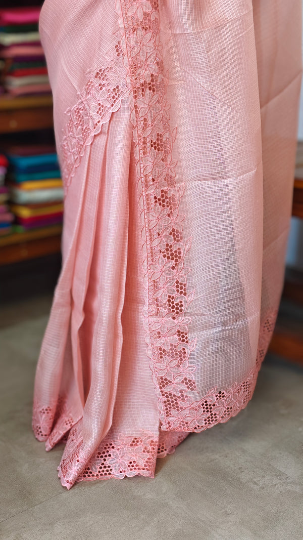 Pastel Peach Kota Saree with Cutwork Borders - 409M