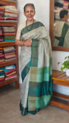 Off White and Bottle Green Printed Tussar Silk Saree - EX2483