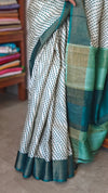 Off White and Bottle Green Printed Tussar Silk Saree - EX2483