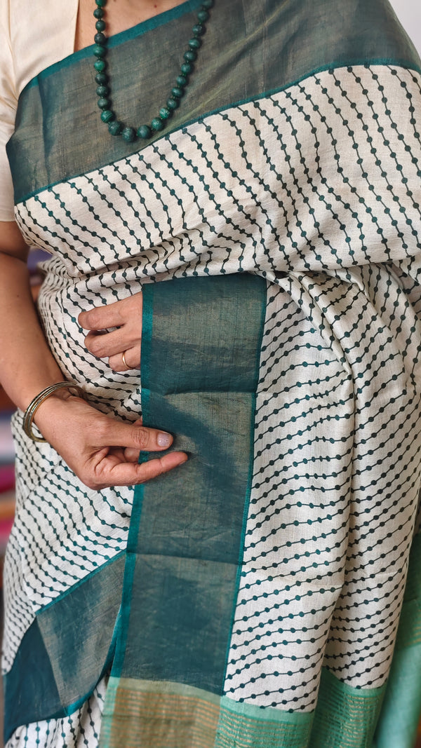 Off White and Bottle Green Printed Tussar Silk Saree - EX2483