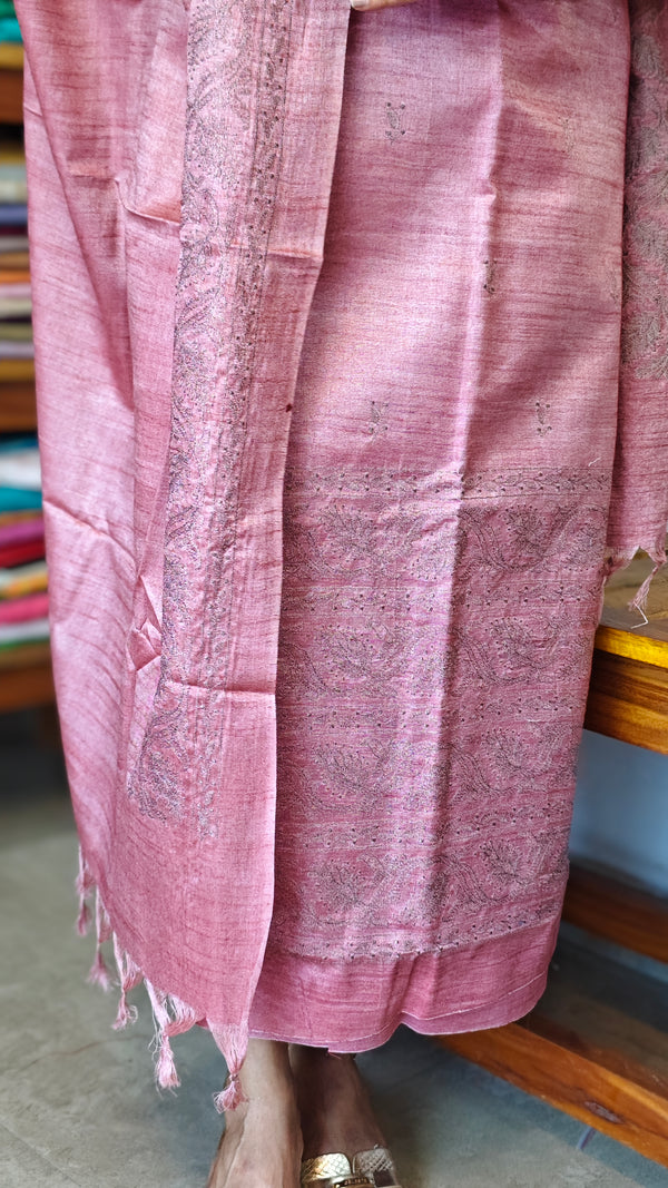 Mauve Semi Tussar Suit with Copper Thread Embroidery - TTV4