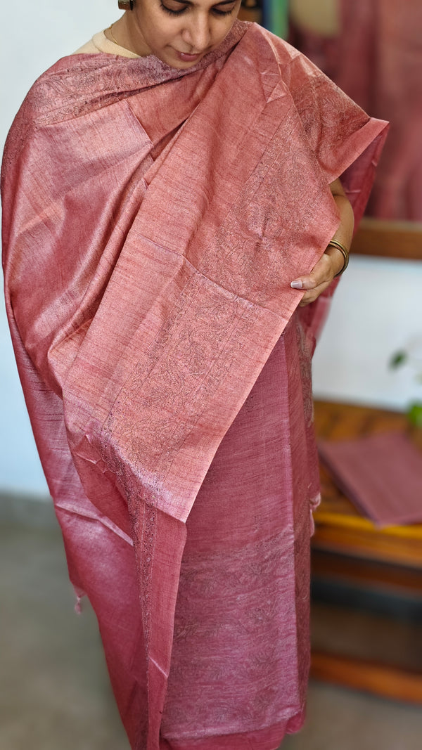 Mauve Semi Tussar Suit with Copper Thread Embroidery - TTV4