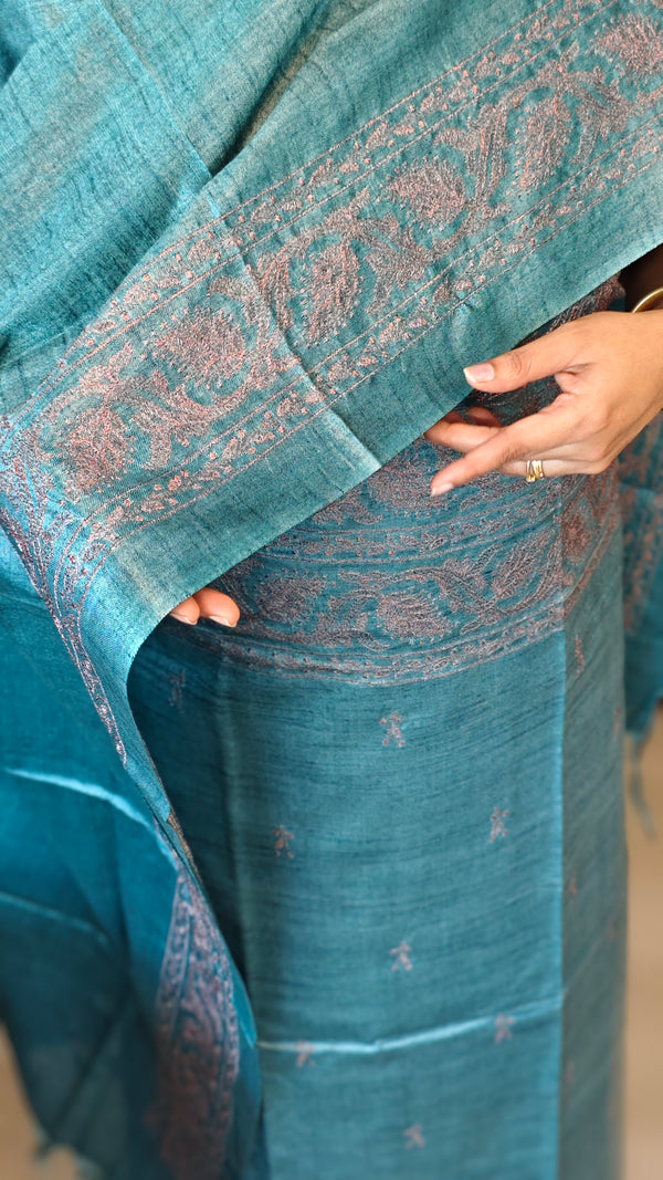 Teal Semi Tussar Suit with Copper Thread Embroidery - TTV4