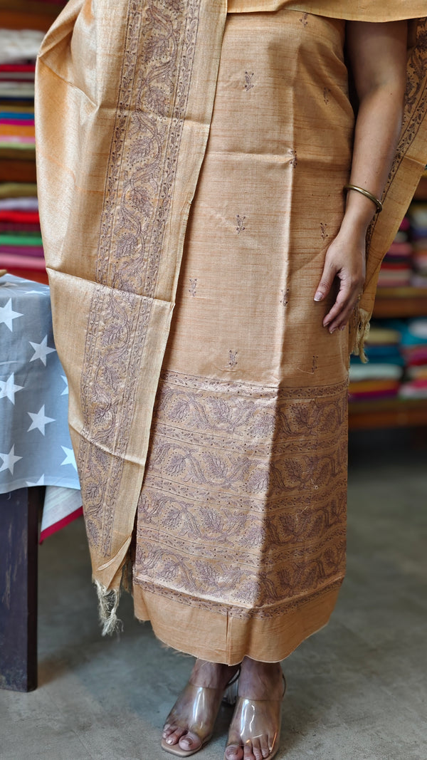 Sandalwood Semi Tussar Suit with Copper Thread Embroidery - TTV4