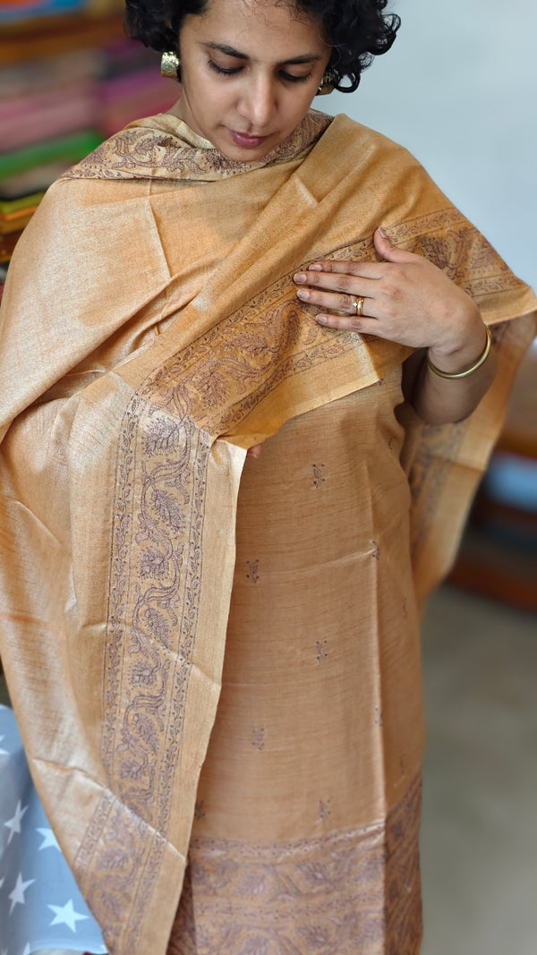 Sandalwood Semi Tussar Suit with Copper Thread Embroidery - TTV4