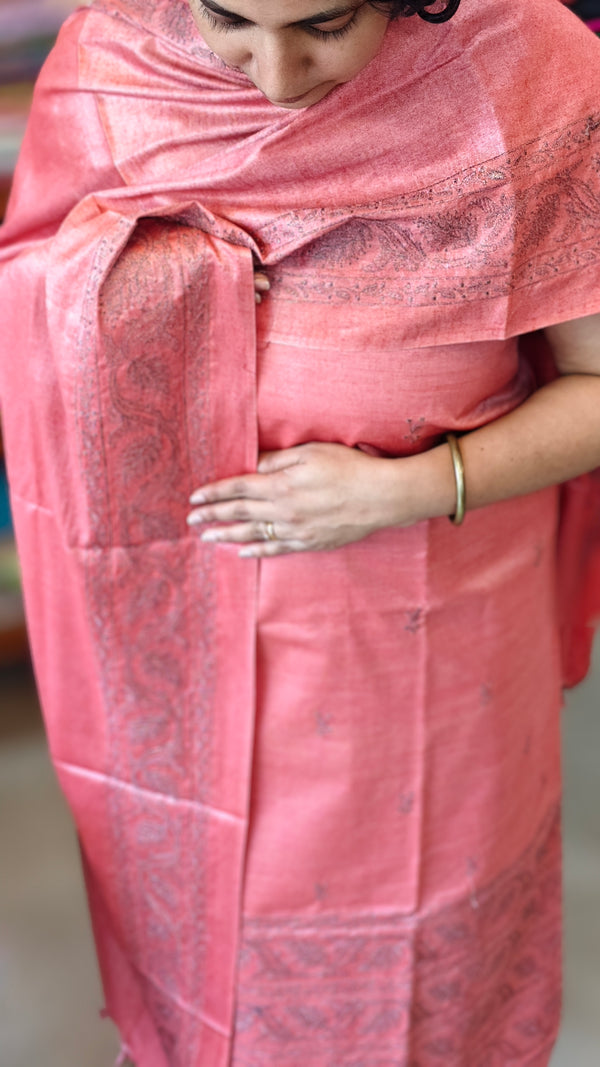 Peach Semi Tussar Suit with Cross Stitch Embroidery - TTV4