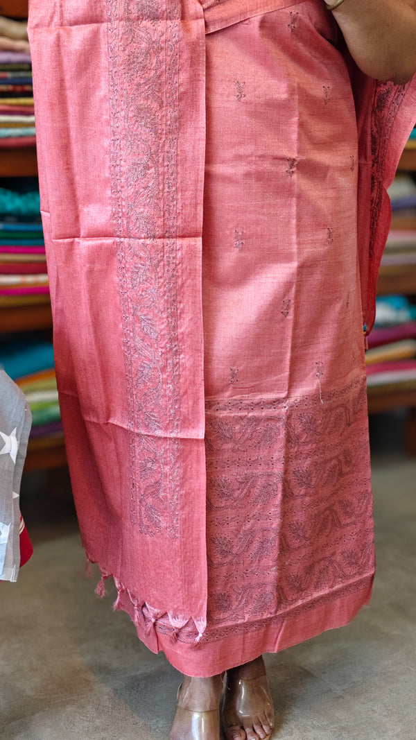 Peach Semi Tussar Suit with Cross Stitch Embroidery - TTV4