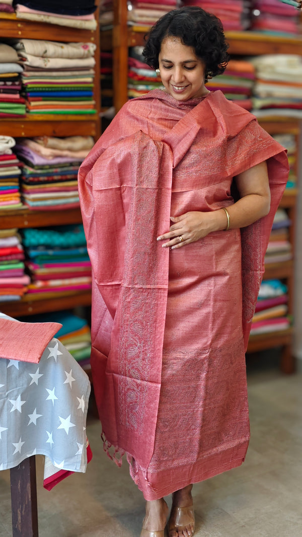 Light Peach Semi Tussar Suit with Copper Thread Embroidery - TTV4